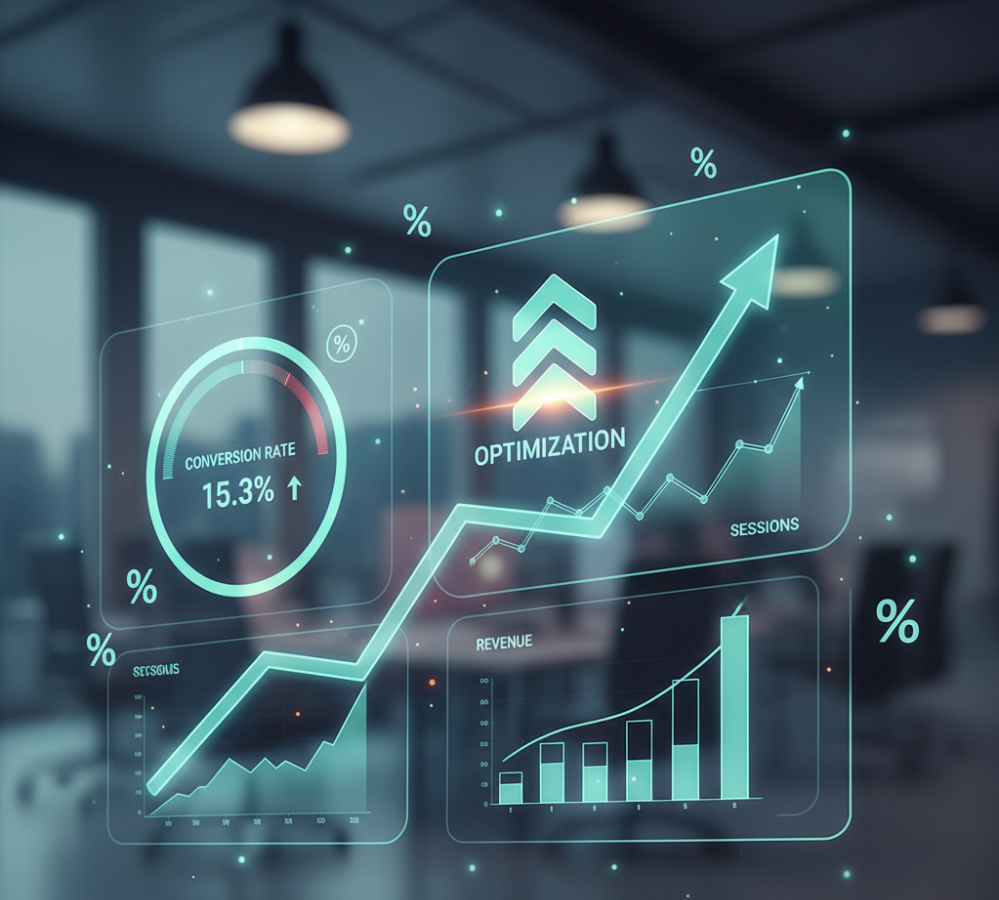 “Analytics dashboard with an upward trending graph and conversion percentage icons.”